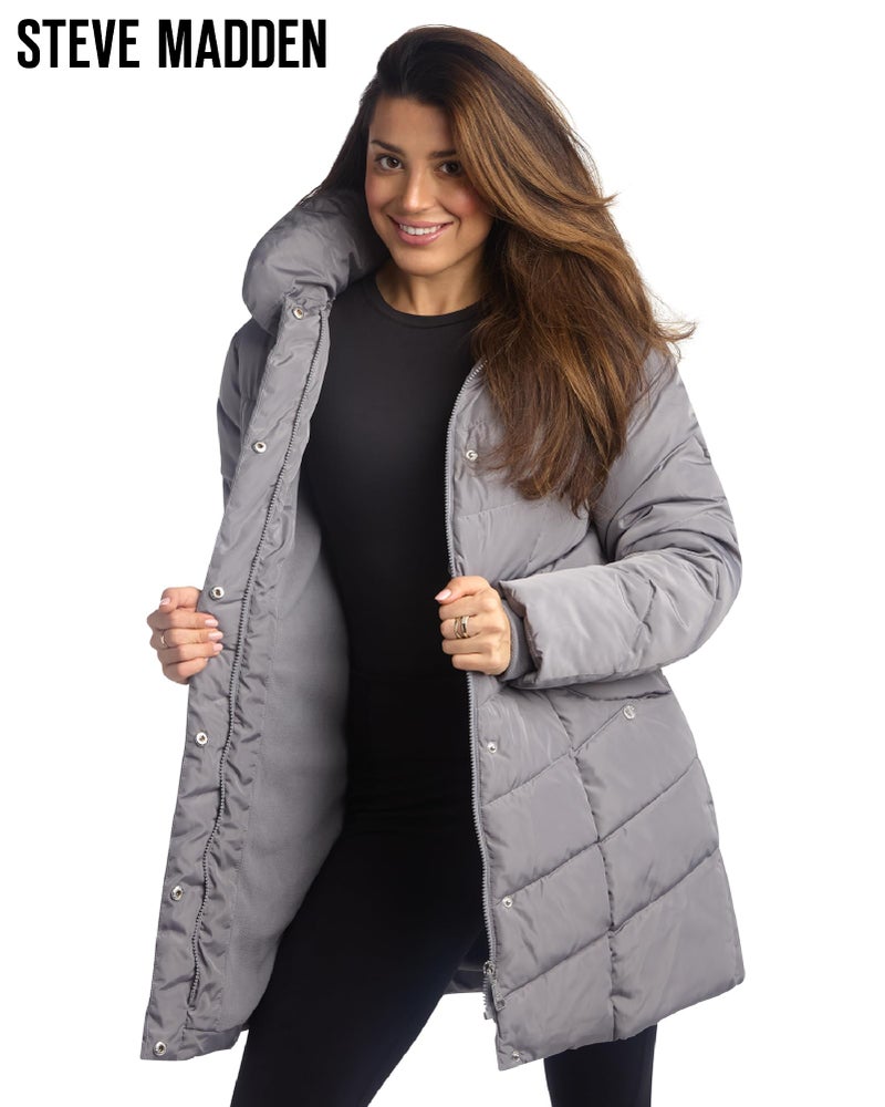 Steve Madden Women's Long Chervron Quilted Outerwear Jacket, Titanium, M - Image 5